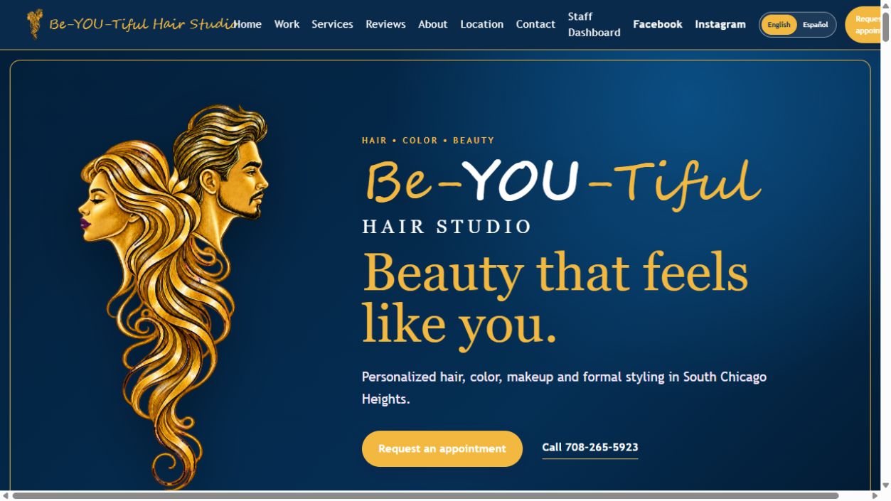 Homepage of the Be-YOU-Tiful Hair Studio website