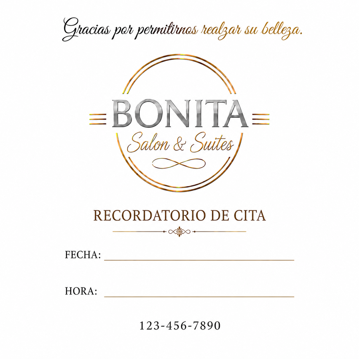 Spanish-language Bonita Salon and Suites appointment reminder card