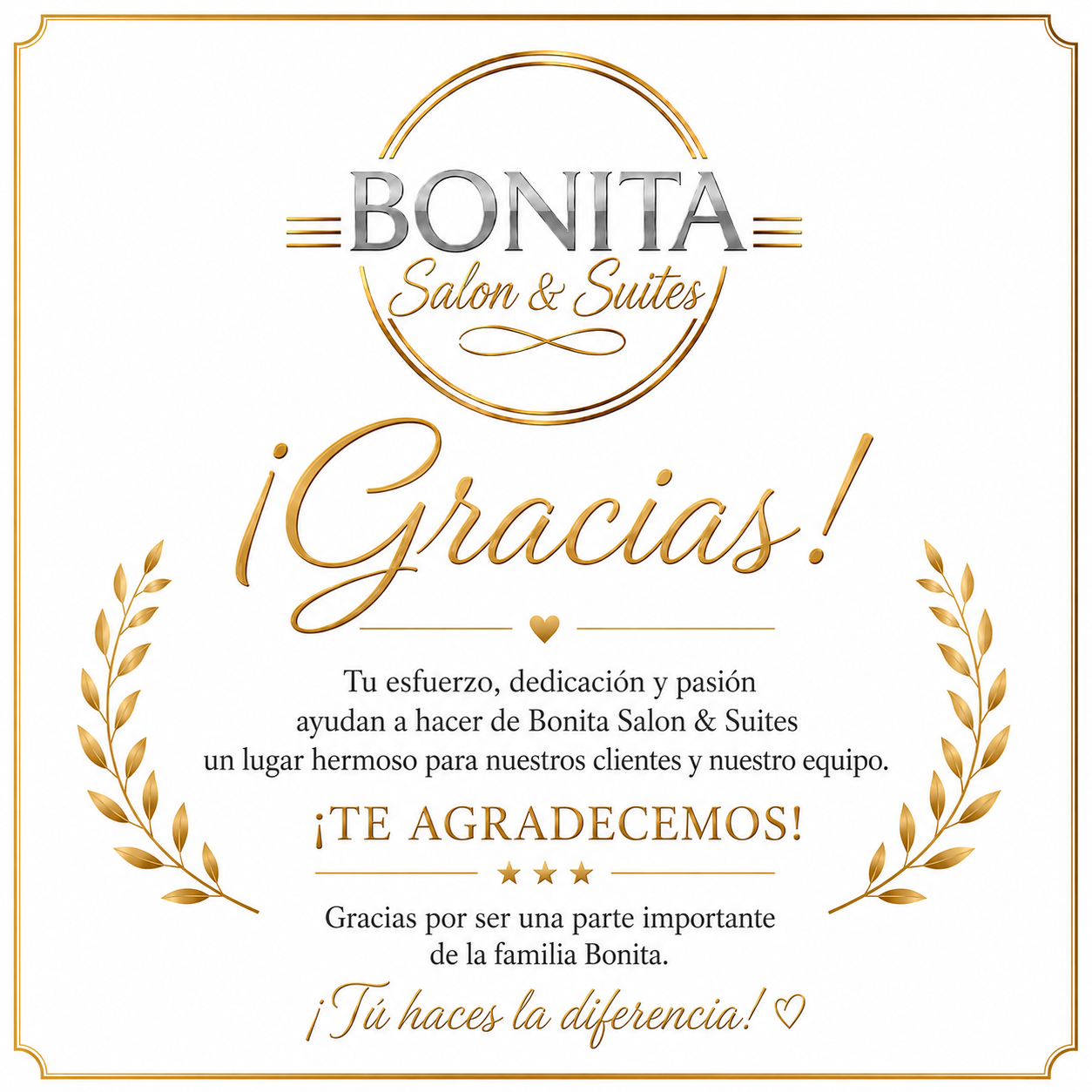 Spanish-language Bonita Salon and Suites employee recognition design