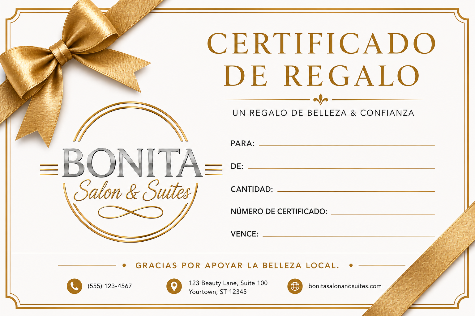 Spanish-language Bonita Salon and Suites gift certificate in white and gold