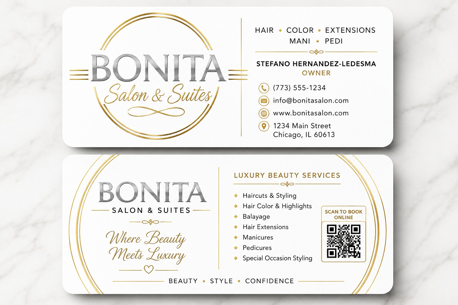 Front and back Bonita Salon and Suites business card presentation mockup