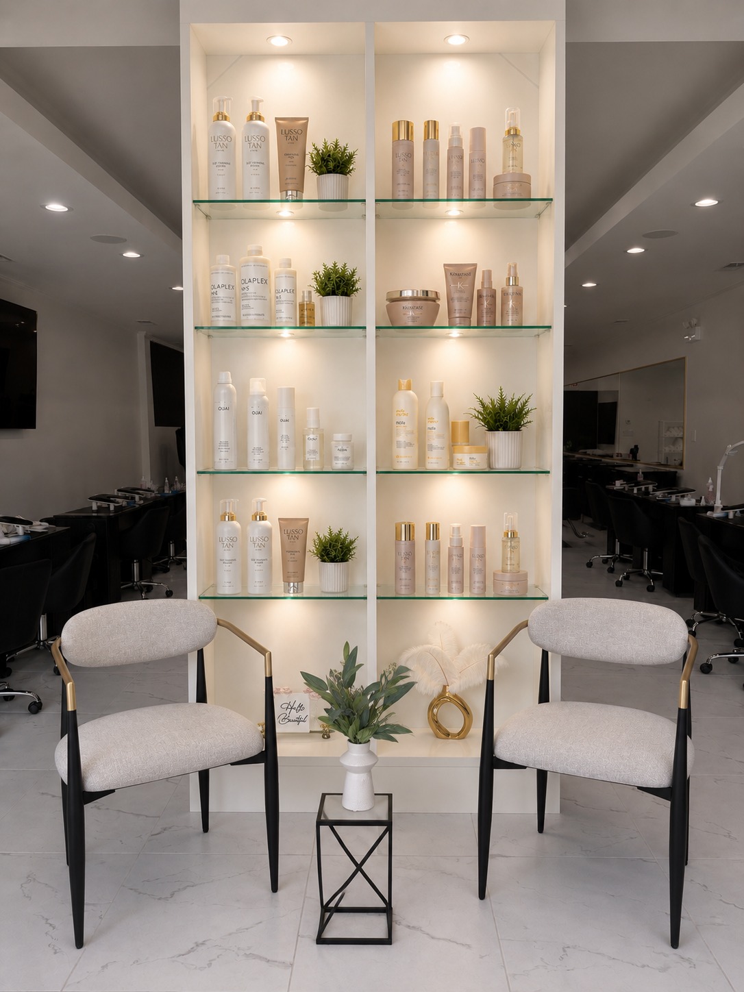 Bonita Salon front column after redesign with illuminated product shelving, styling, and customer seating