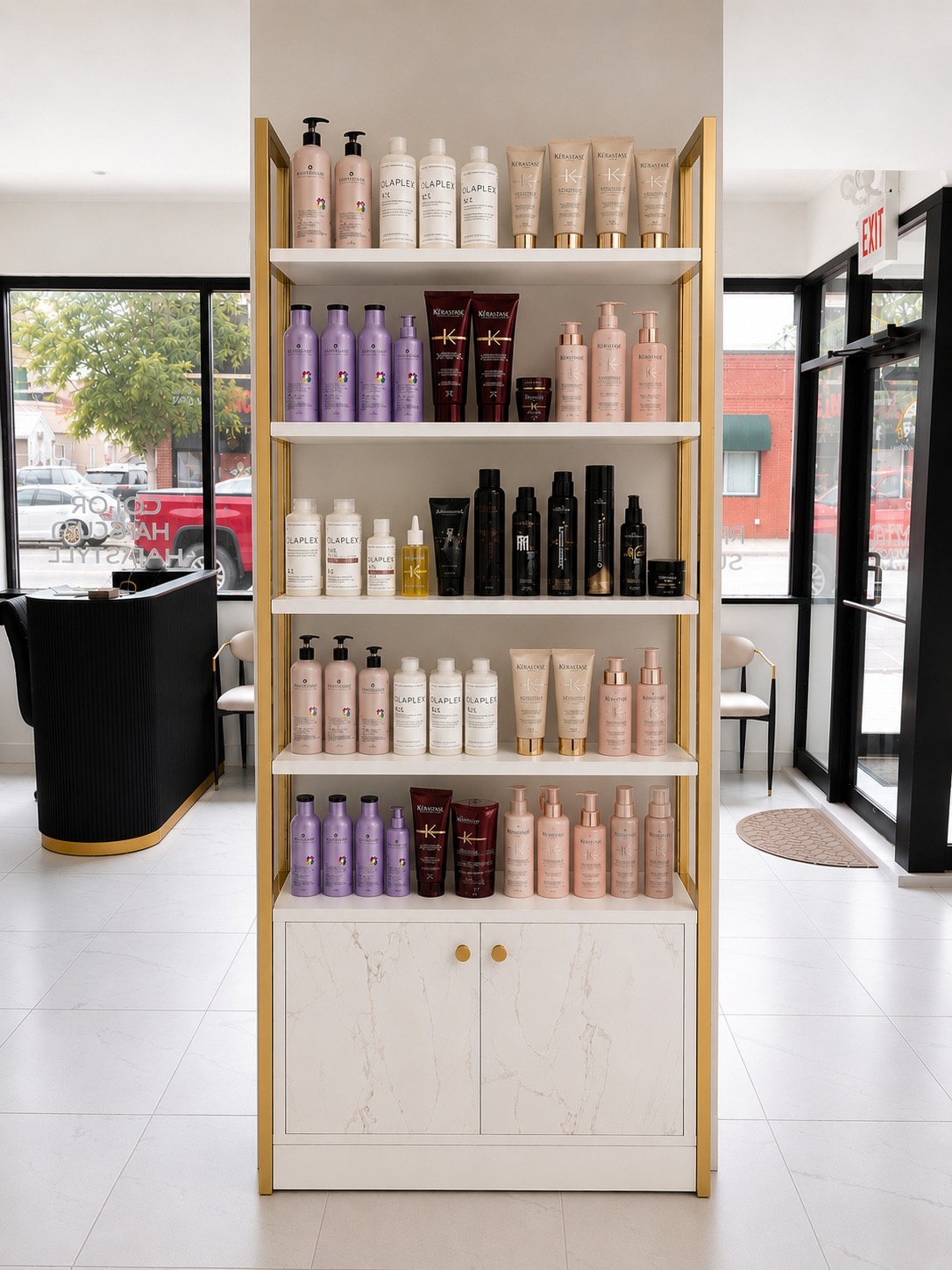 Back of Bonita Salon front column after redesign with product shelves and concealed lower storage