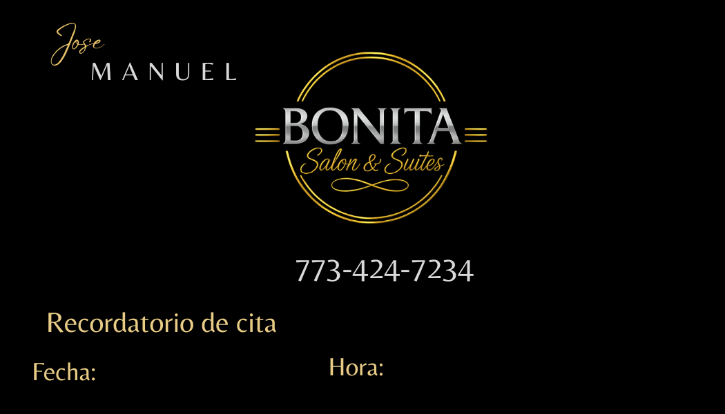 Black-gold personalized Bonita Salon appointment reminder card reverse