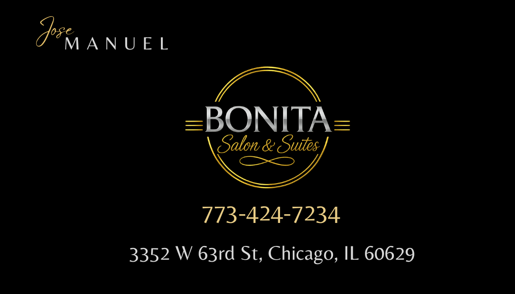 Black-gold personalized Jose Manuel business card front for Bonita Salon and Suites