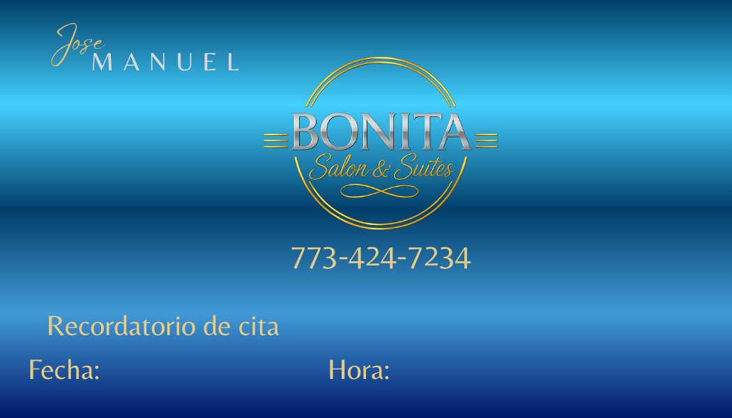 Blue personalized Bonita Salon appointment reminder card reverse