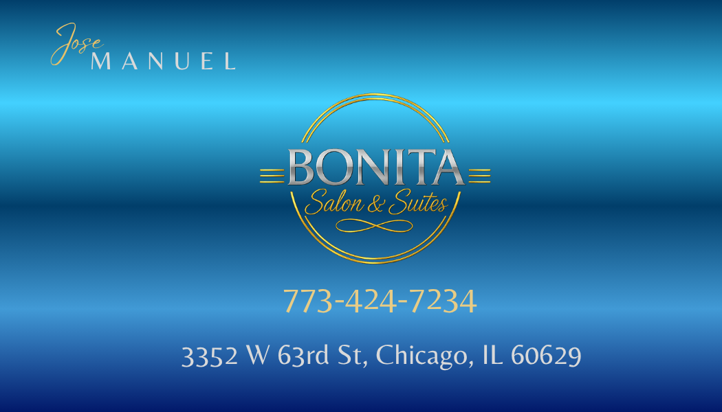 Blue personalized Jose Manuel business card front for Bonita Salon and Suites