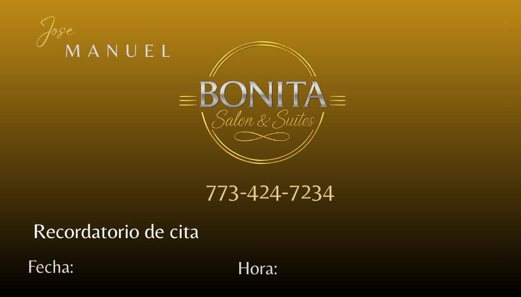 Bronze-gold personalized Bonita Salon appointment reminder card reverse