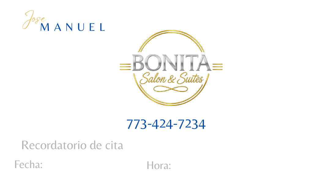 White personalized Bonita Salon appointment reminder card reverse