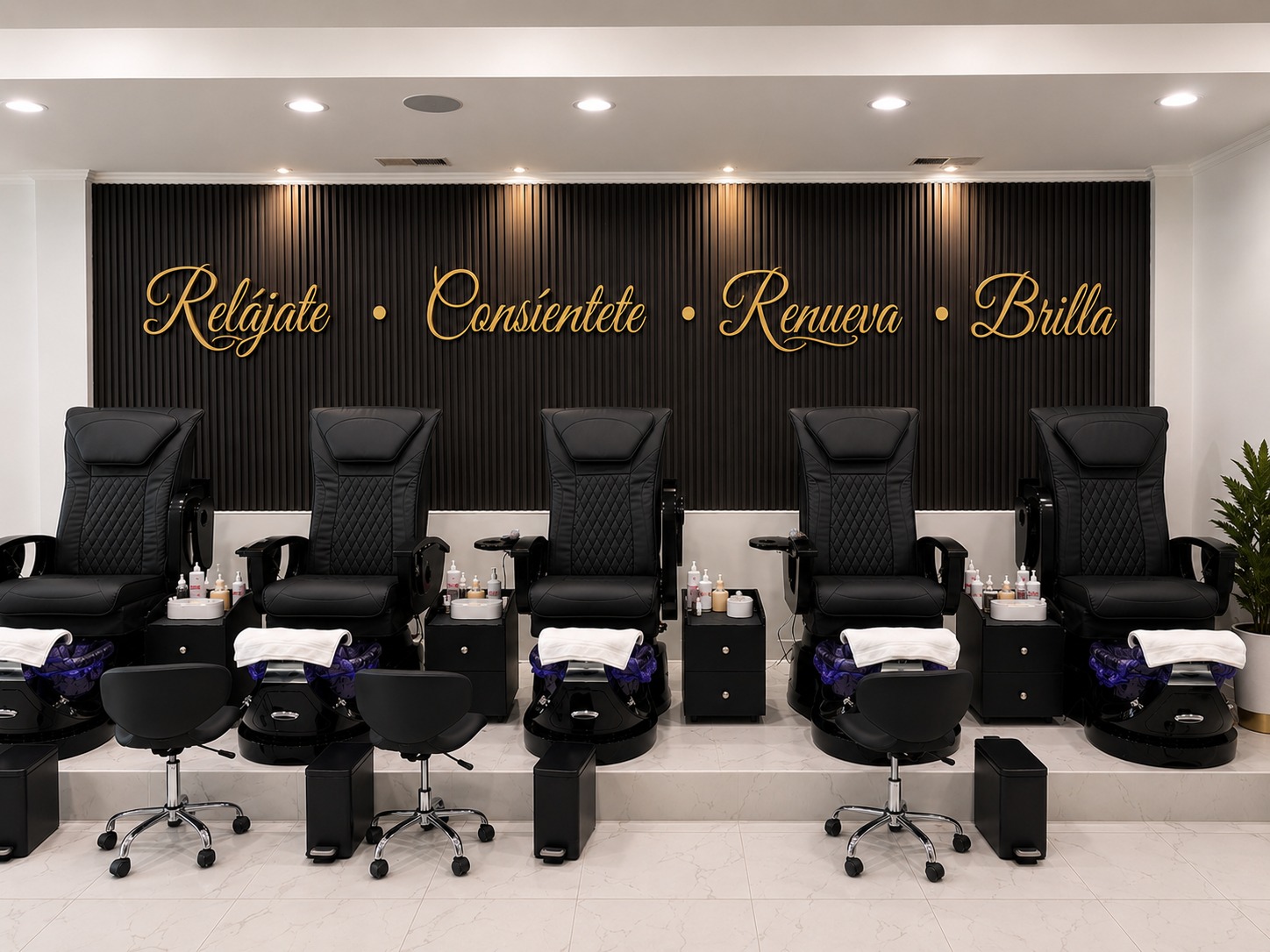 Bonita Salon manicure and pedicure lounge after adding warm lighting and gold Spanish relaxation words
