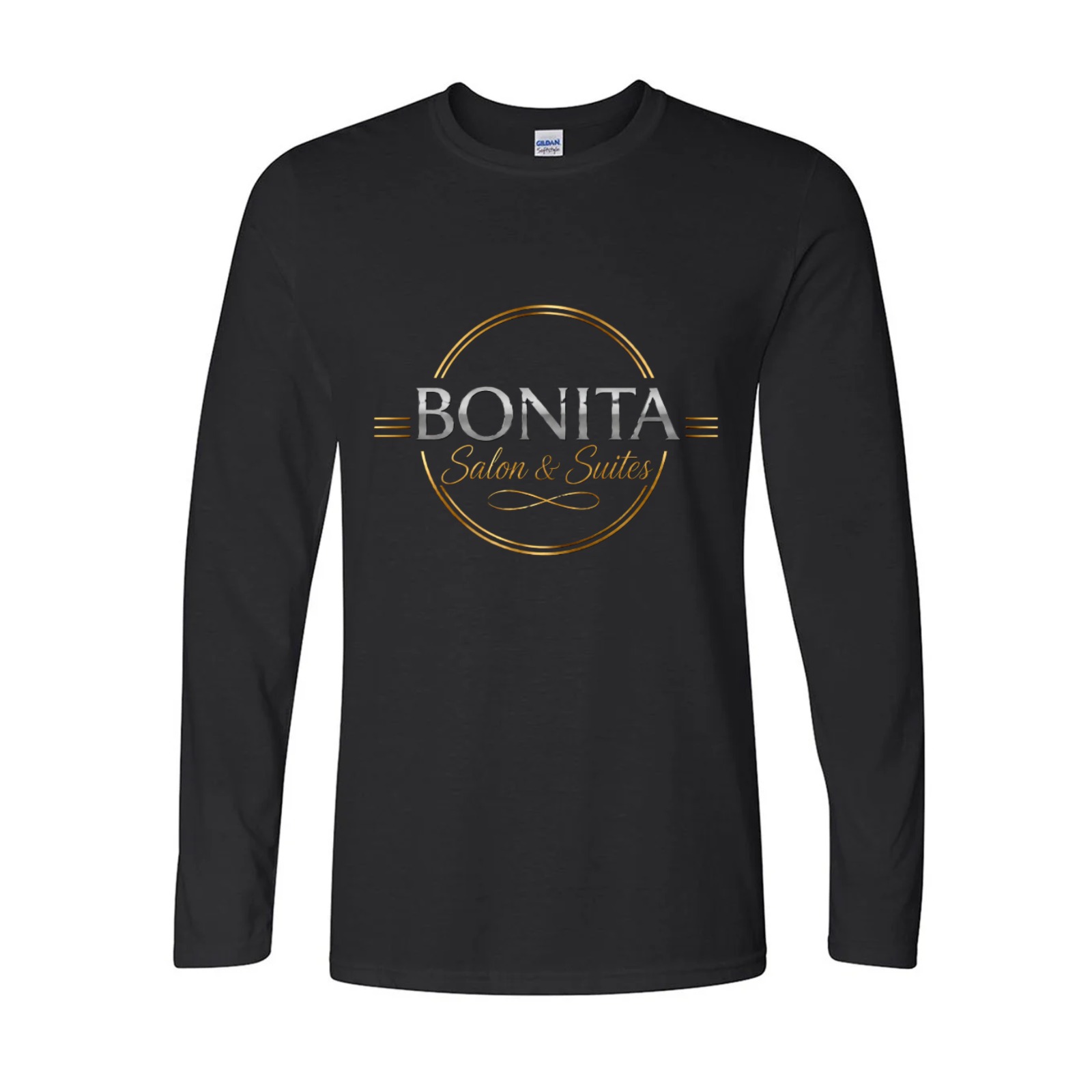 Black long-sleeve Bonita Salon and Suites logo T-shirt