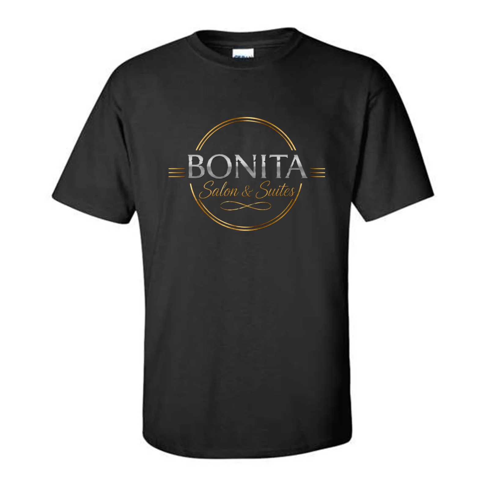 Black short-sleeve Bonita Salon and Suites logo T-shirt