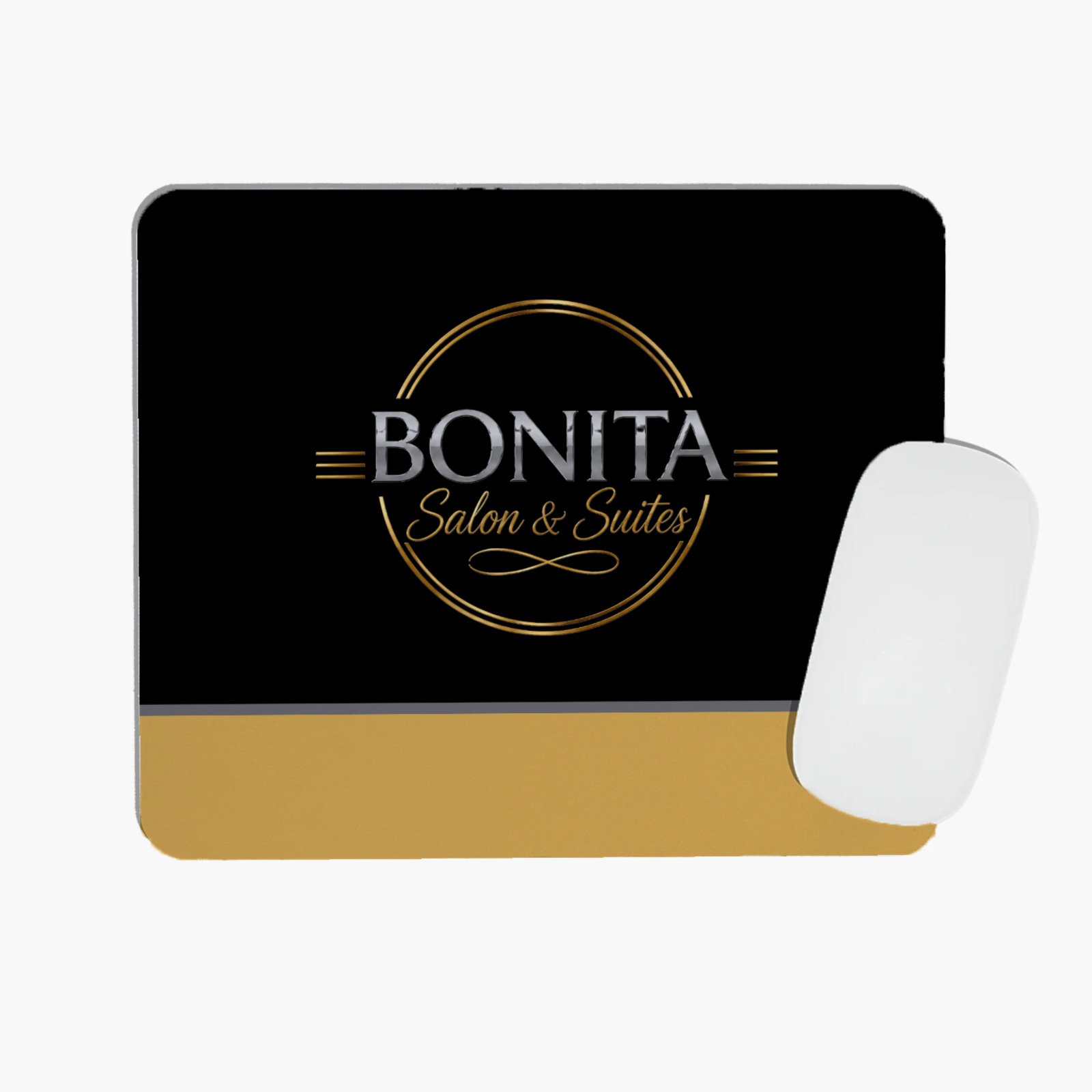 Black and gold Bonita Salon and Suites branded mouse pad
