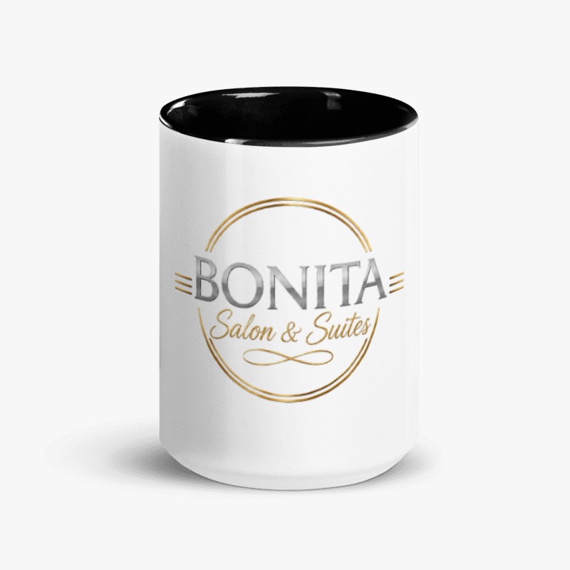 White and black Bonita Salon and Suites logo mug