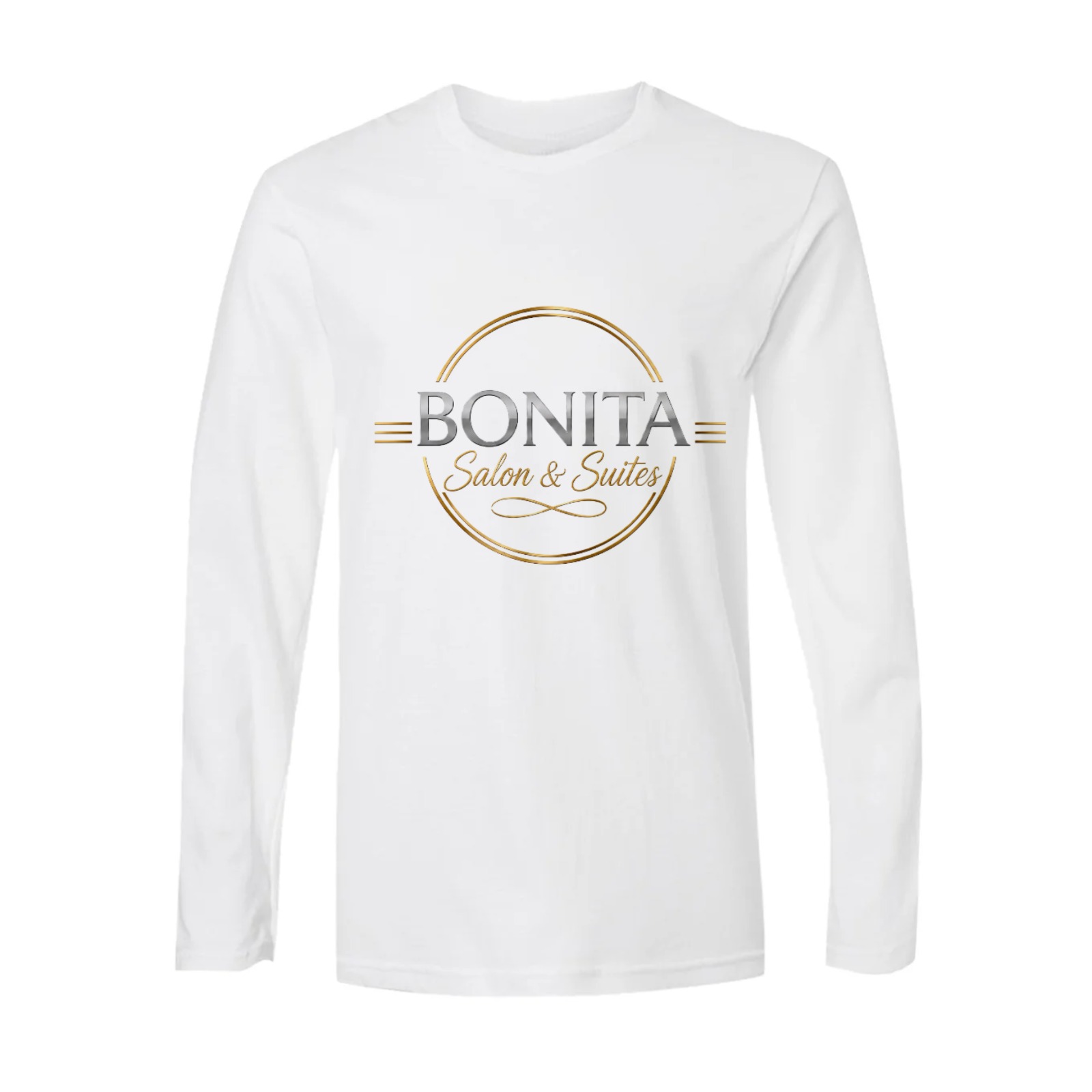 White long-sleeve Bonita Salon and Suites logo T-shirt