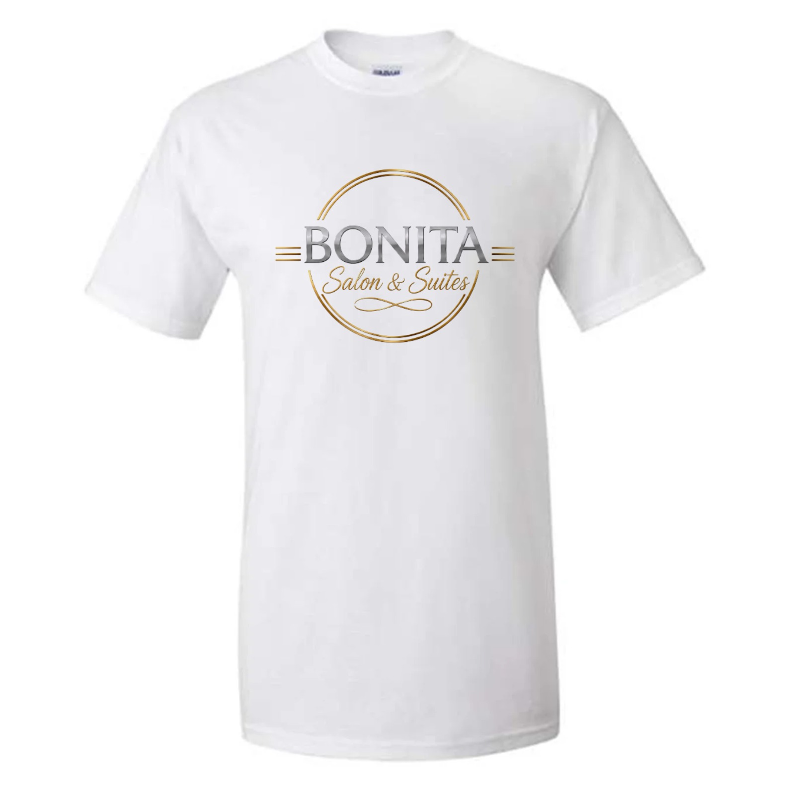White short-sleeve Bonita Salon and Suites logo T-shirt
