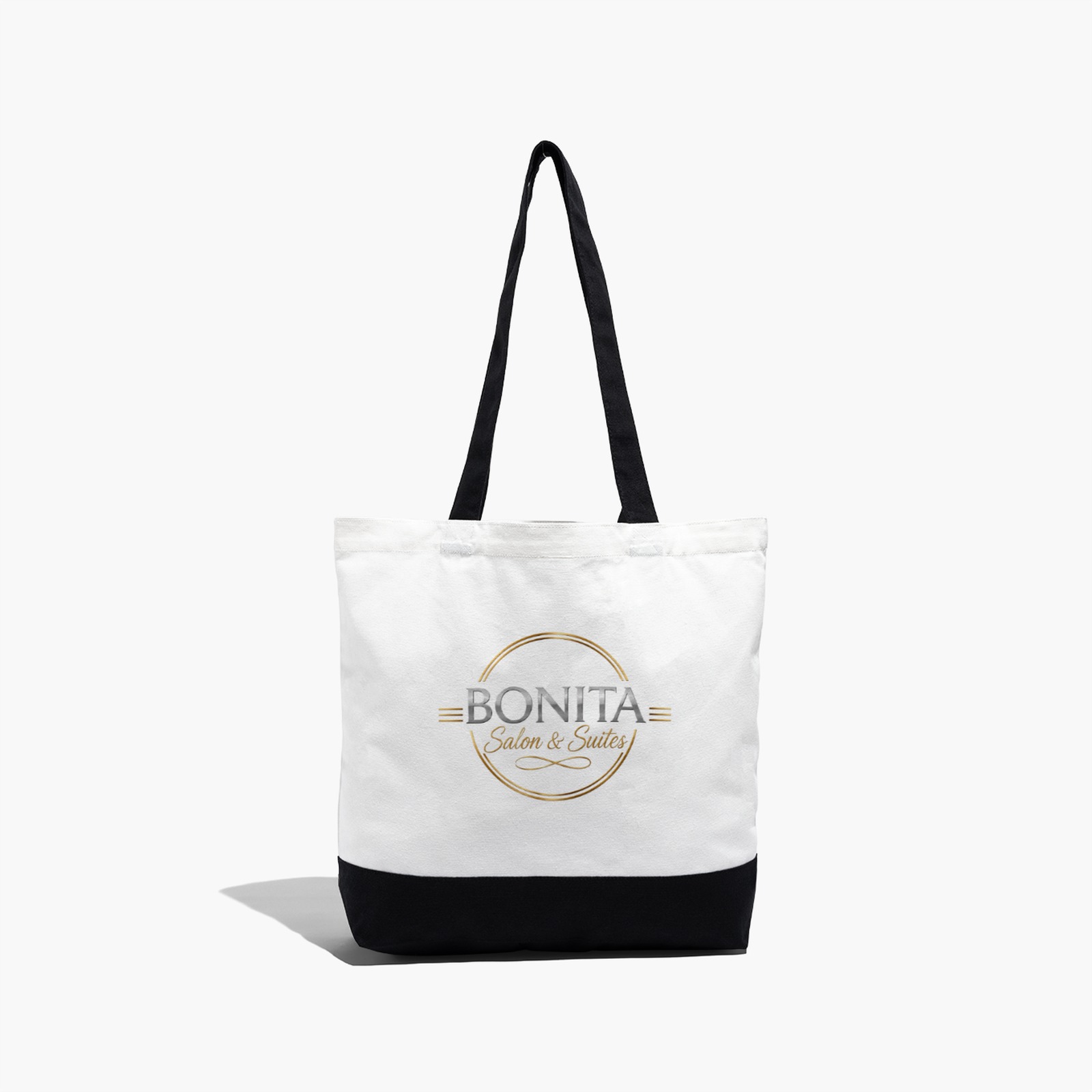White and black Bonita Salon and Suites branded tote bag