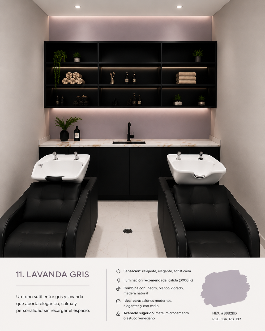 Bonita Salon shampoo back wall after redesign with stone countertop, centered sink, cabinetry, illuminated shelving, and hidden towel hamper