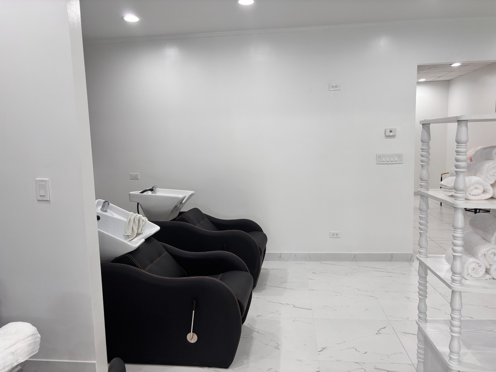 Bonita Salon shampoo bowl area before privacy wall and artwork