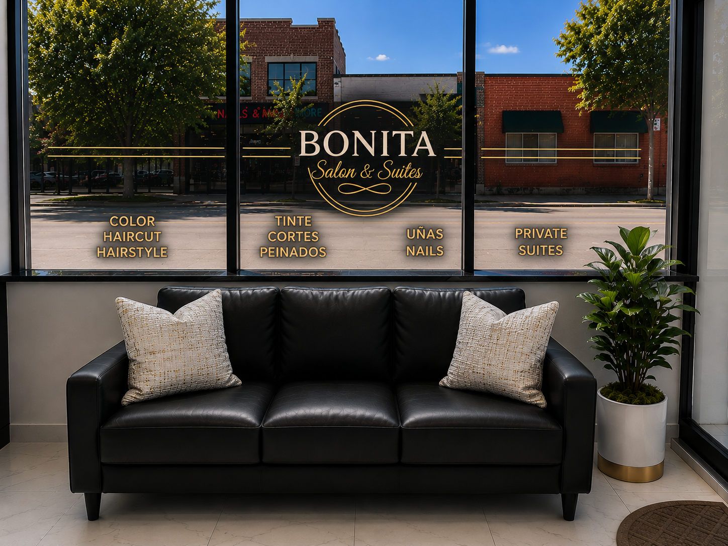 Bonita Salon entrance sofa after styling with pillows, greenery, and coordinated gold window graphics
