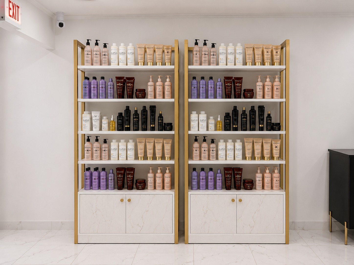 End of Bonita Salon styling section after adding coordinated product displays with concealed lower storage