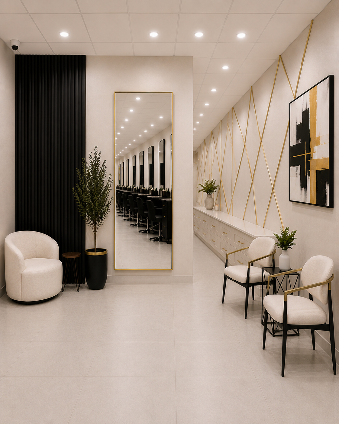 Bonita Salon suites waiting area after adding coordinated seating, a full-length mirror, greenery, gold detailing, artwork, and concealed storage