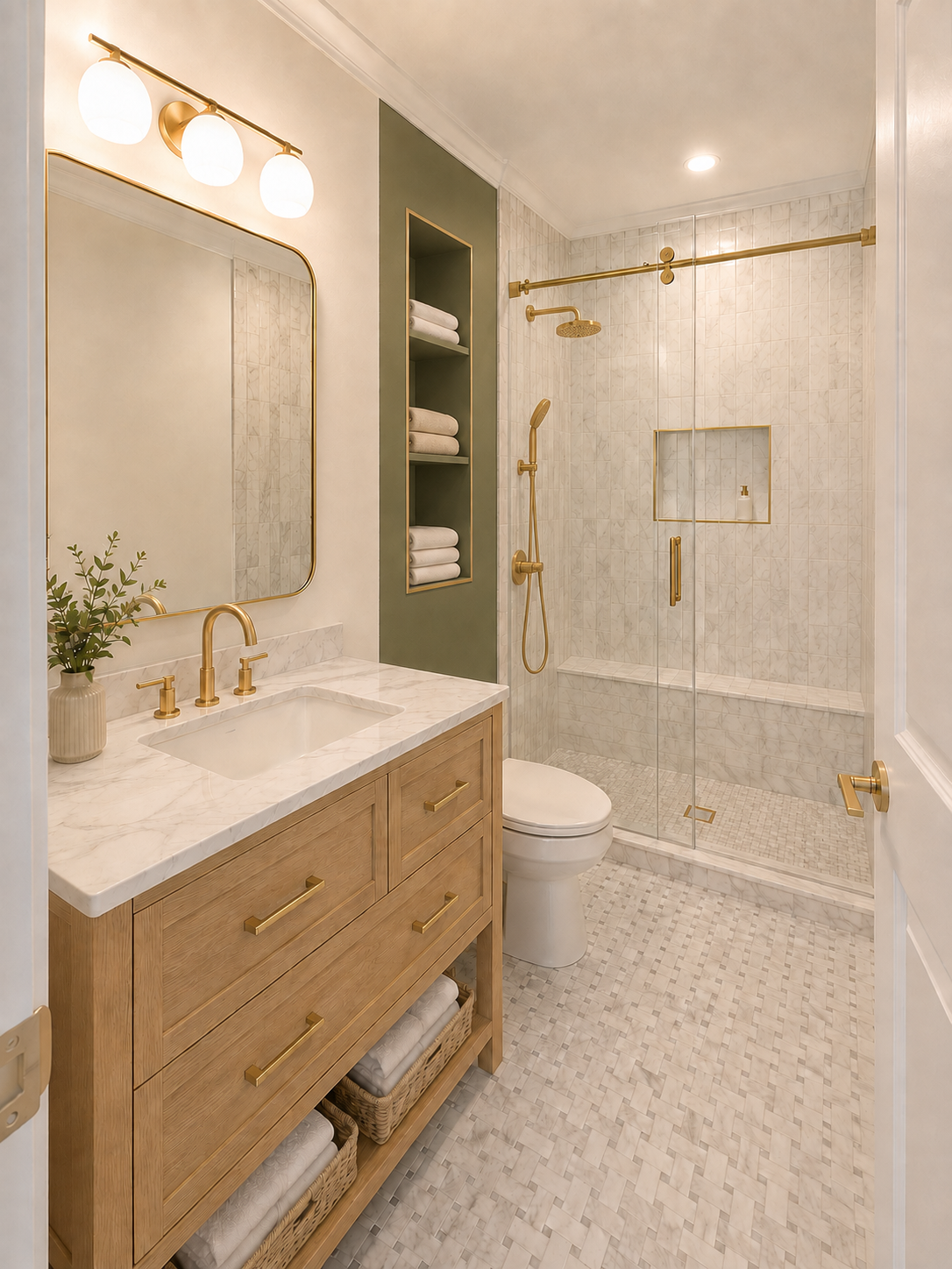 Completed bathroom concept with walk-in shower, warm wood vanity, and brass fittings