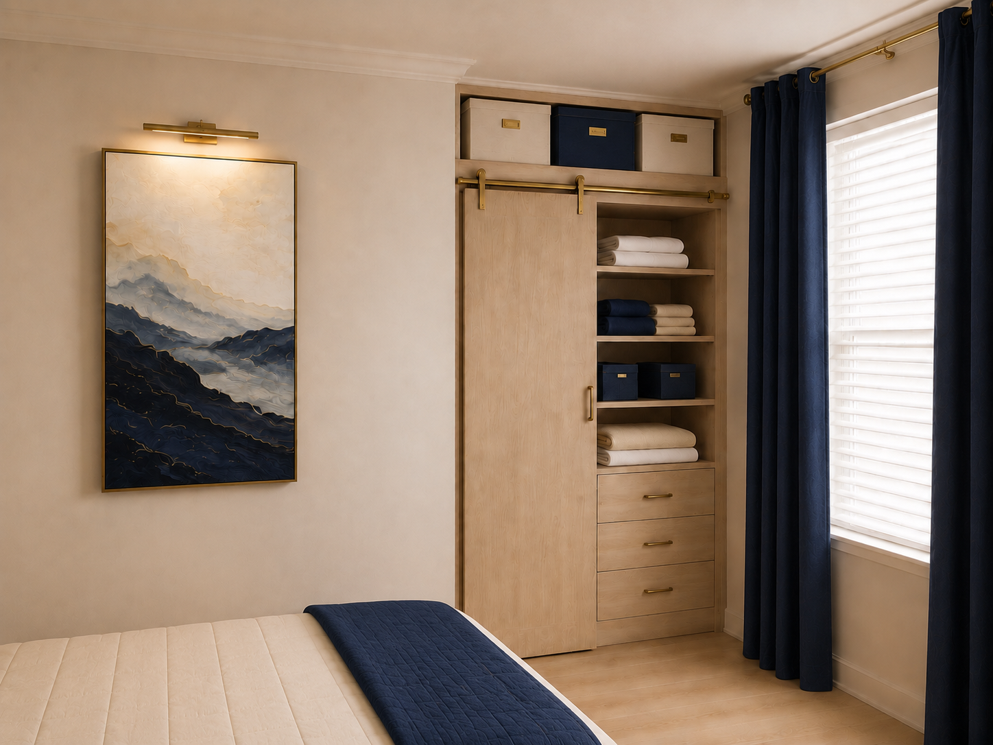 Completed bedroom workspace and storage concept