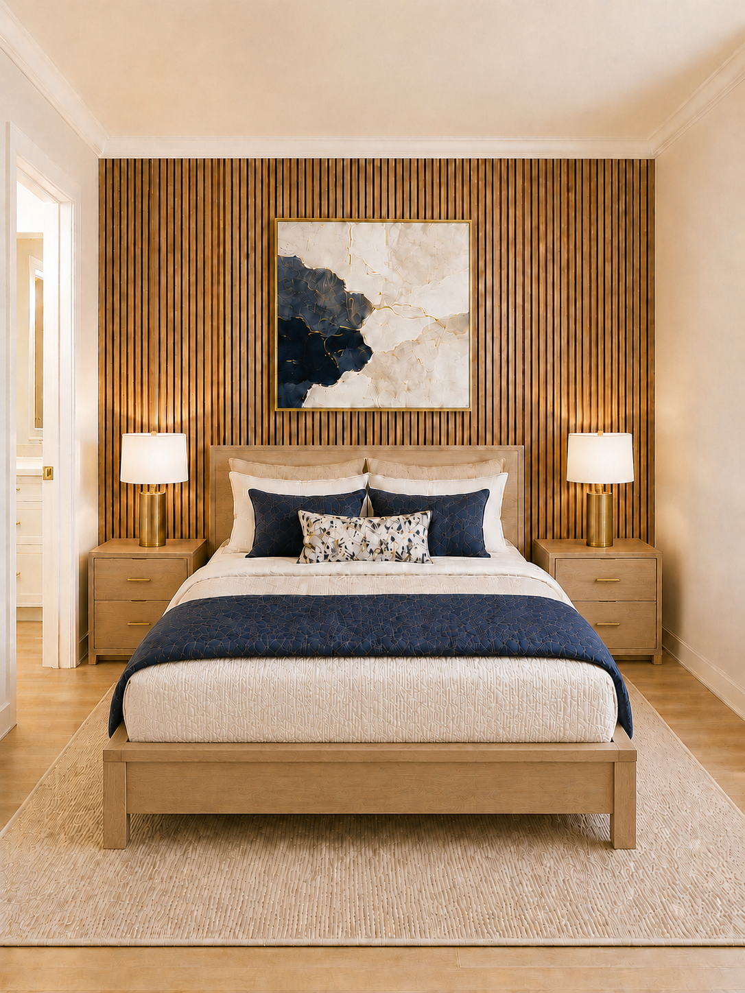 Completed bedroom concept with wood feature wall and navy and cream bedding