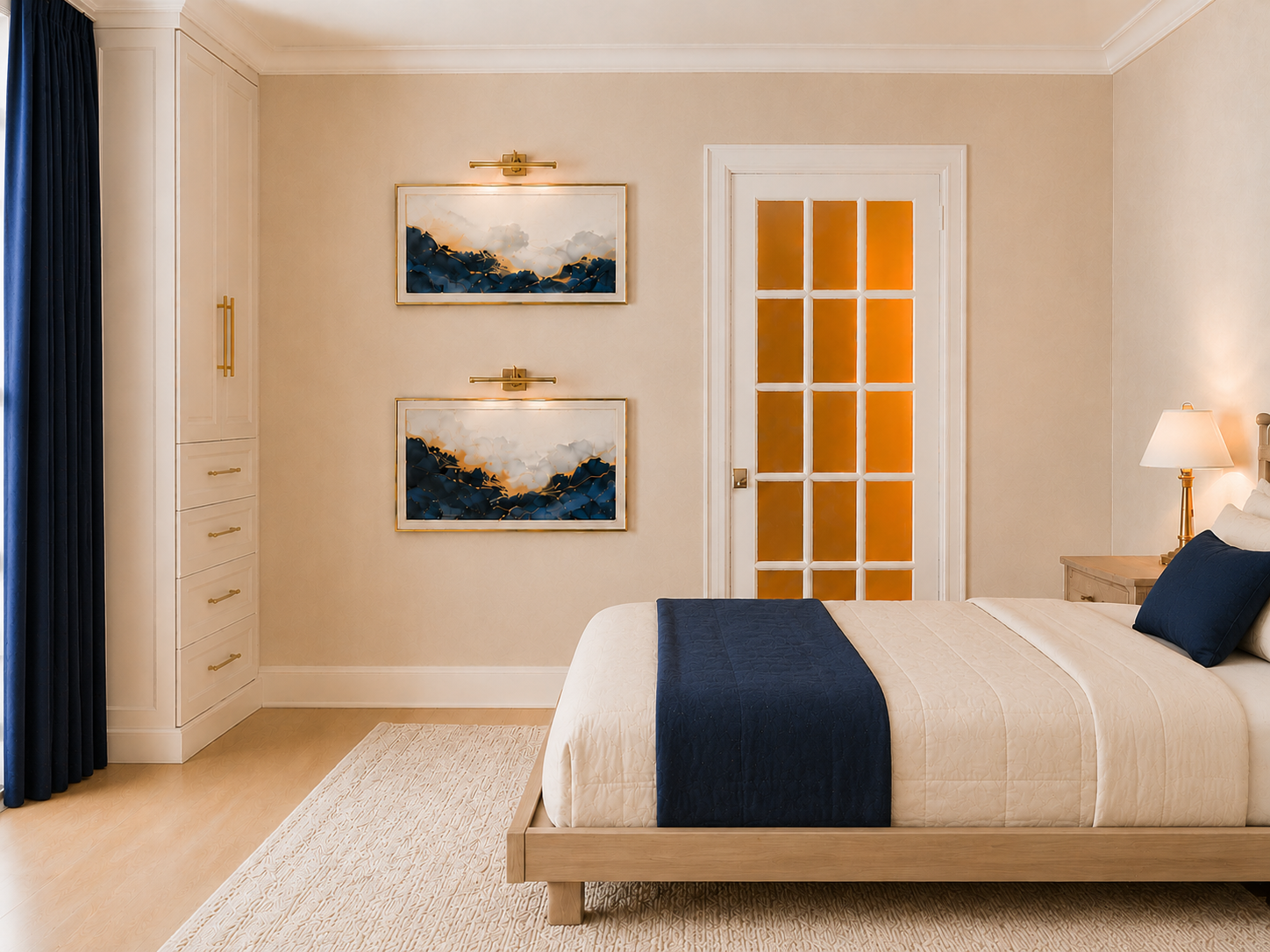 Completed bedroom storage concept with integrated wardrobe and illuminated art