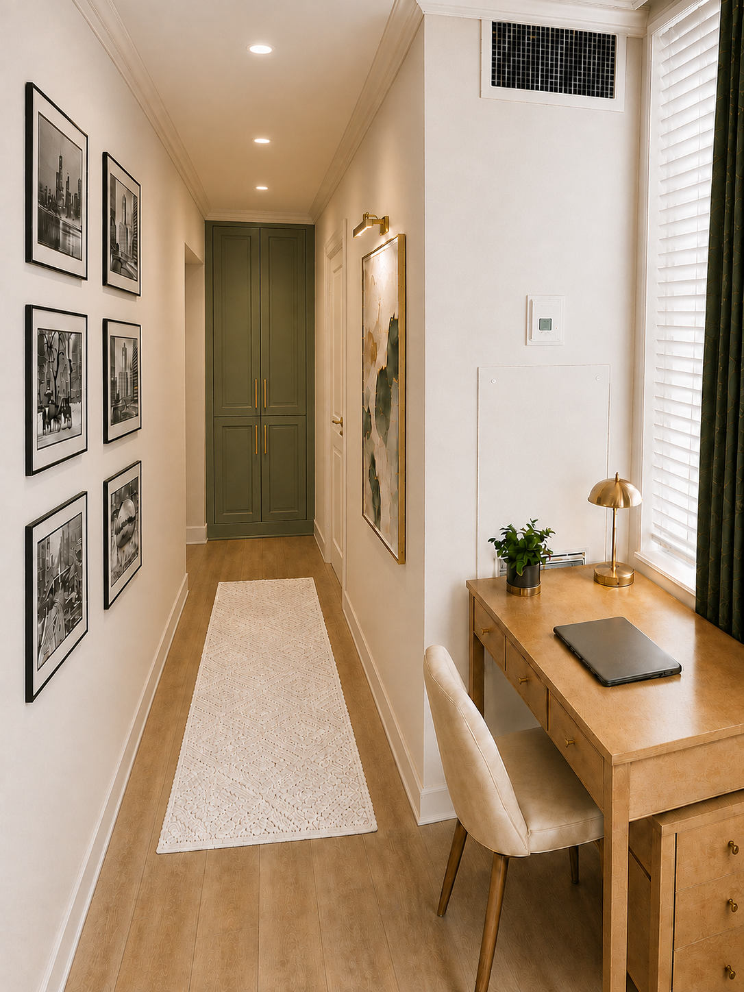 Completed hallway concept with concealed storage, runner, and Chicago artwork