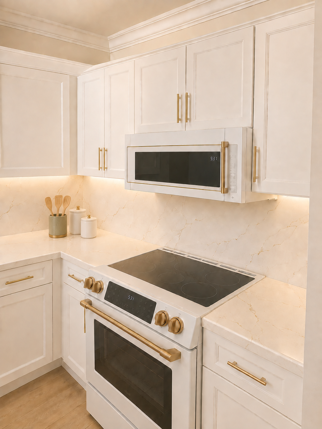Completed kitchen appliance wall with white cabinetry and coordinated brass finishes