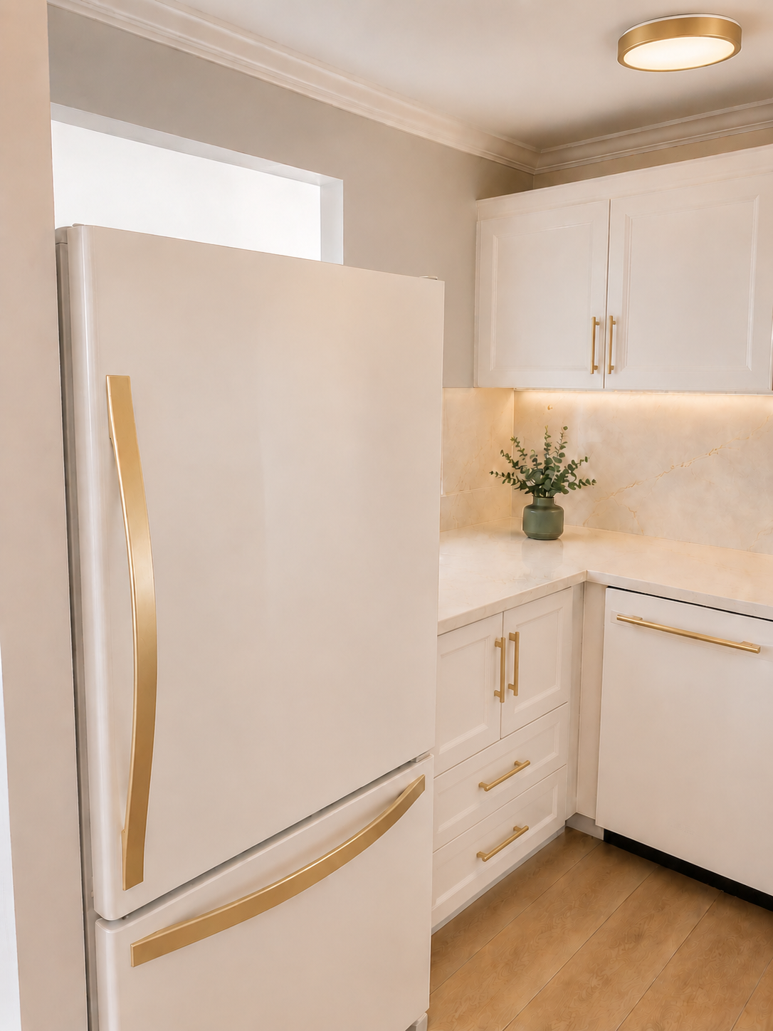 Completed kitchen refrigerator wall with white appliances and brass details
