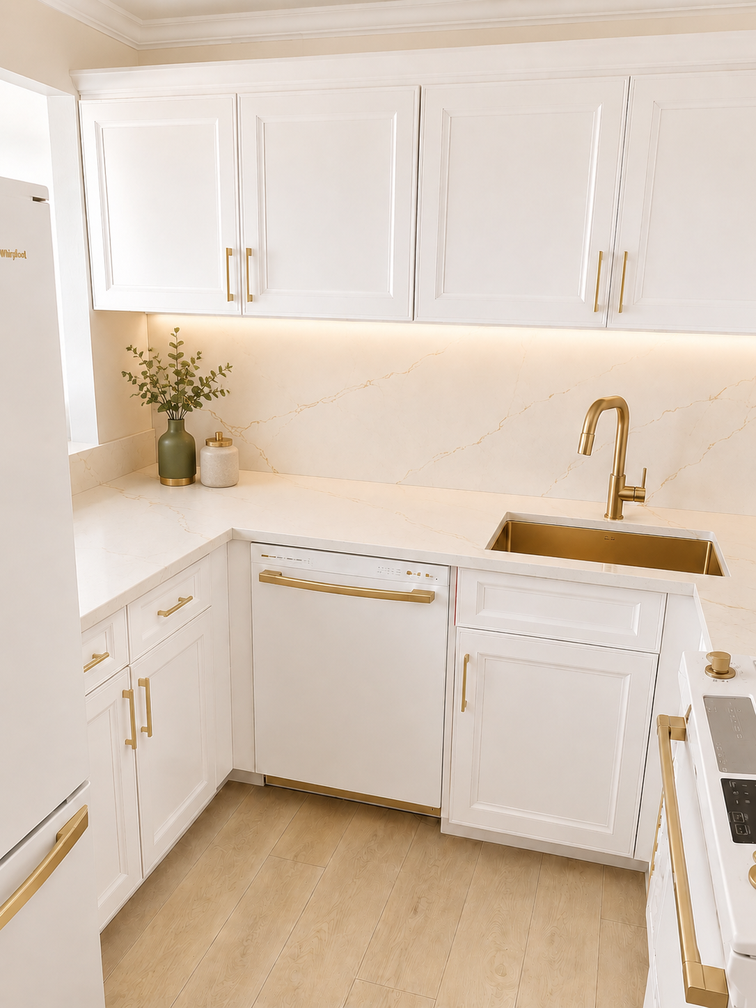 Completed white kitchen concept with brass sink, hardware, and illuminated backsplash