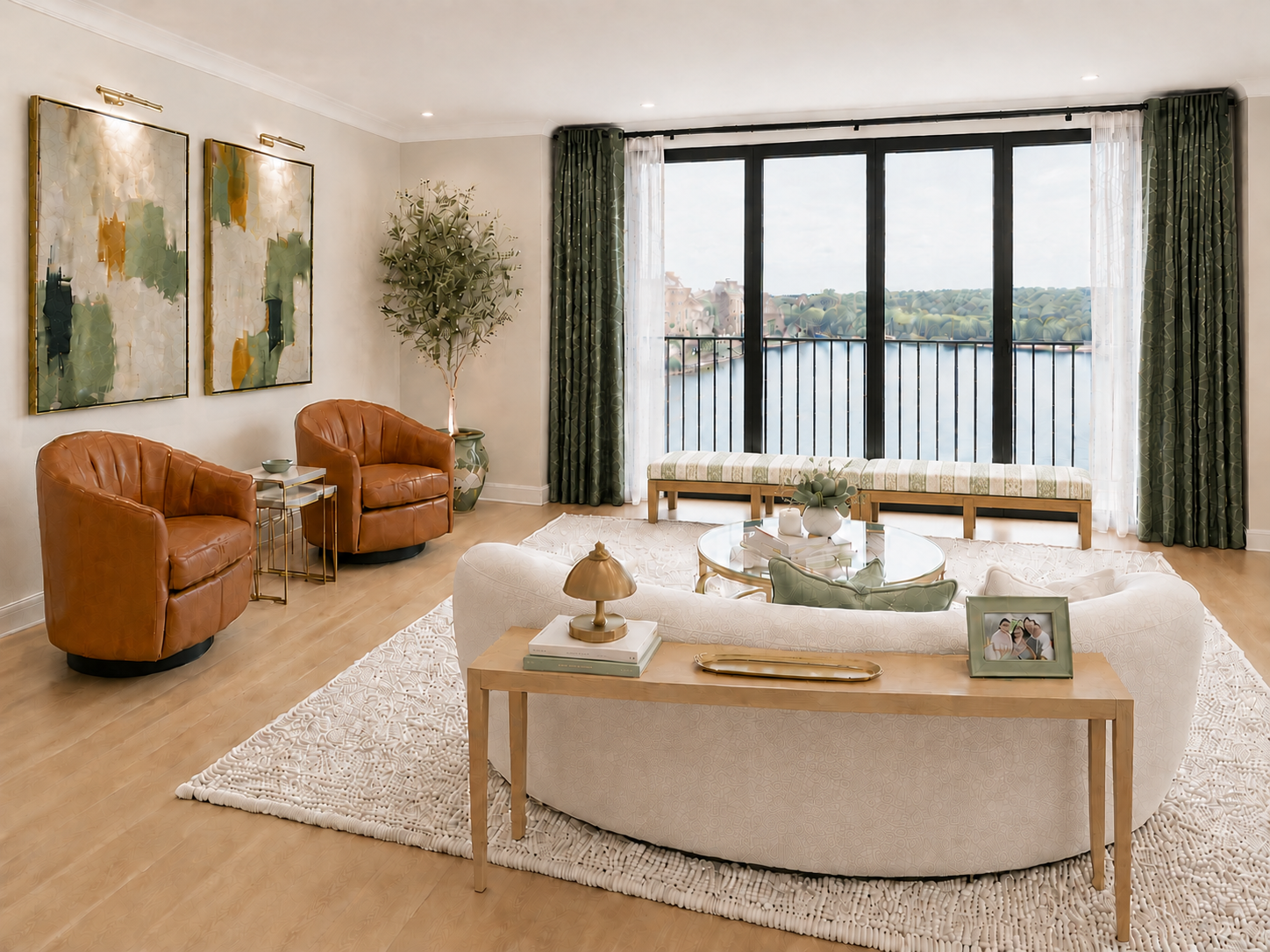 Completed lake-facing living concept with curved seating and warm cream palette
